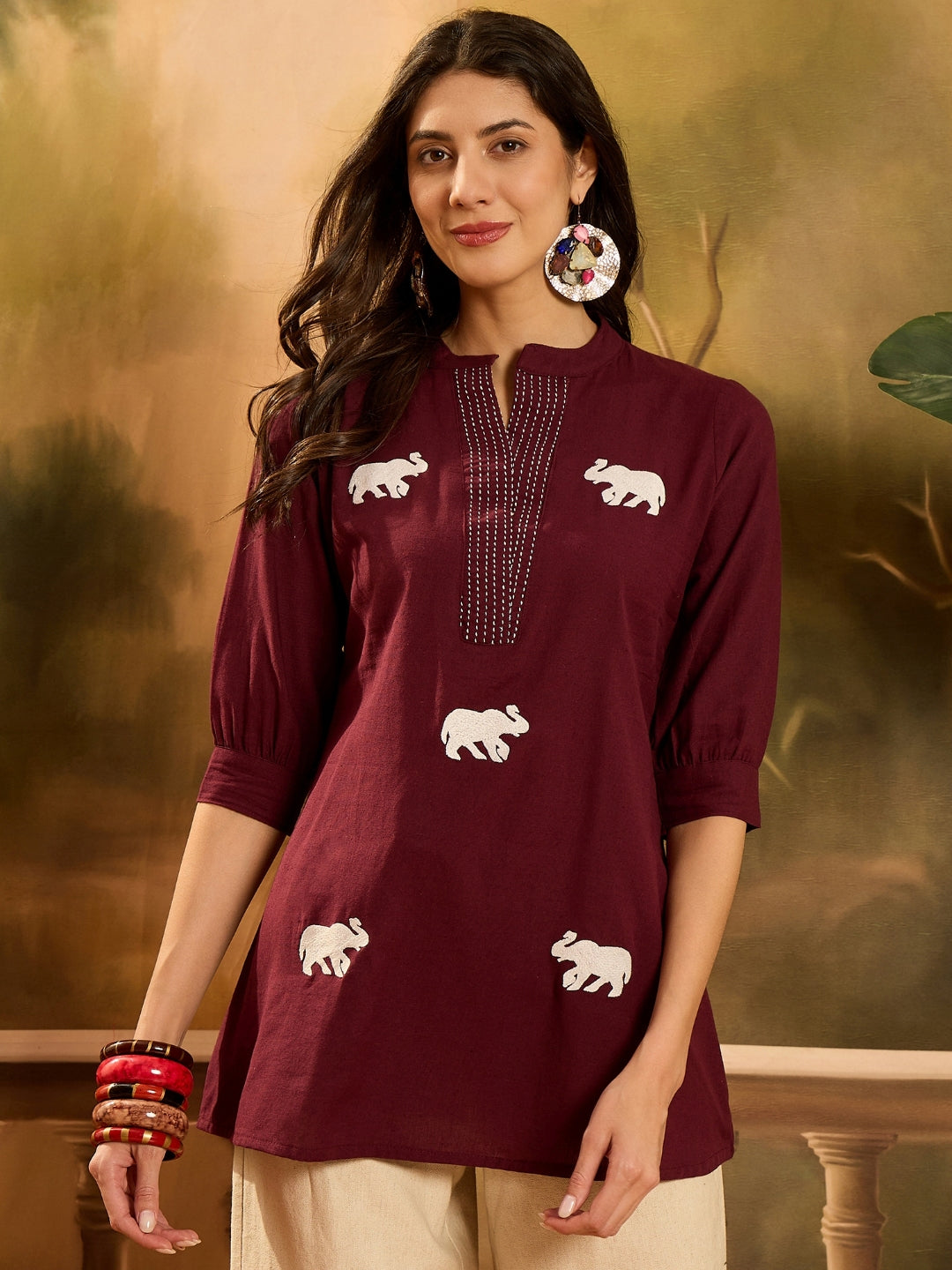 Women's Maroon Solid & Embellished Cotton Flex Top