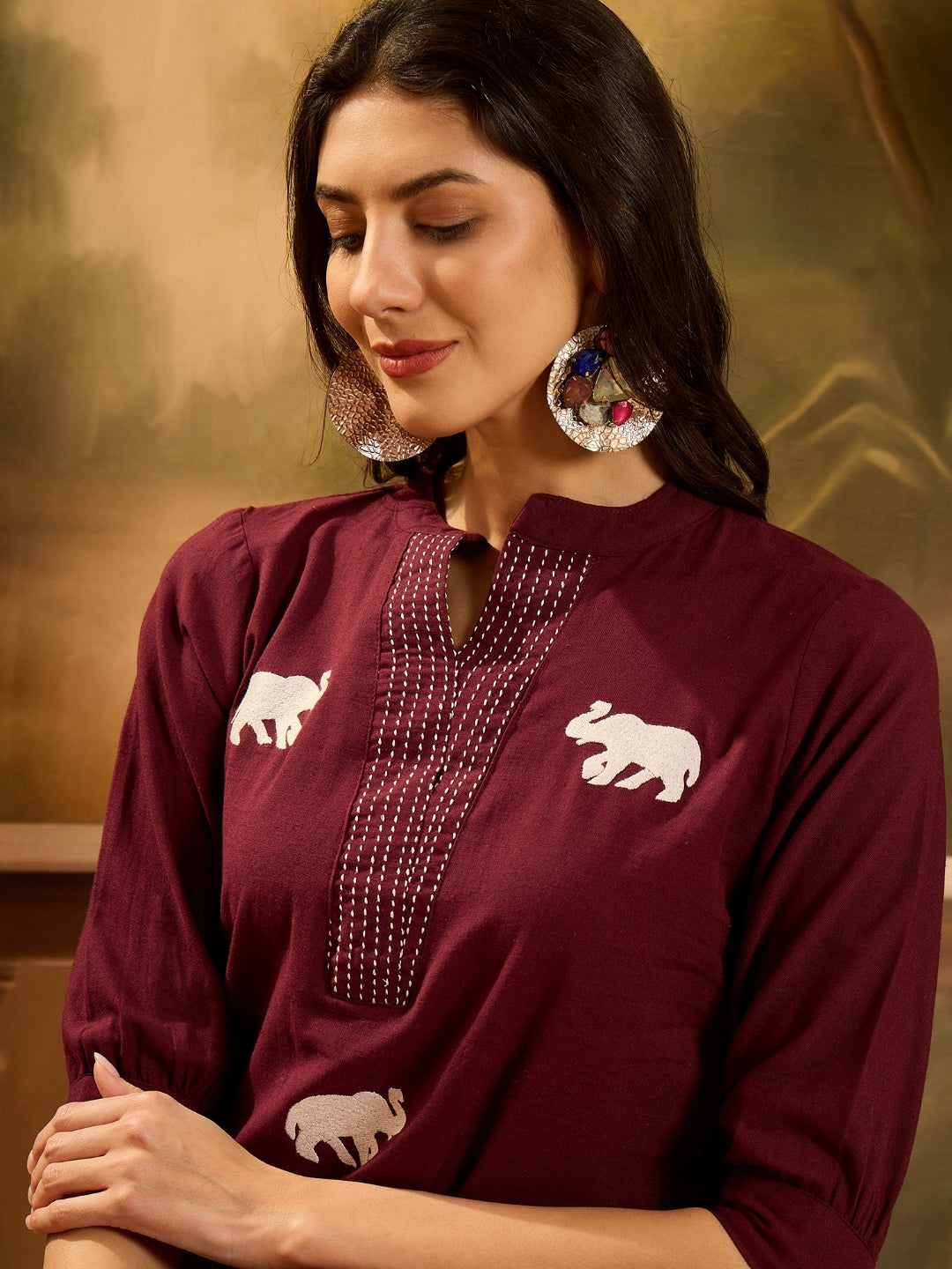 Women's Maroon Solid & Embellished Cotton Flex Top