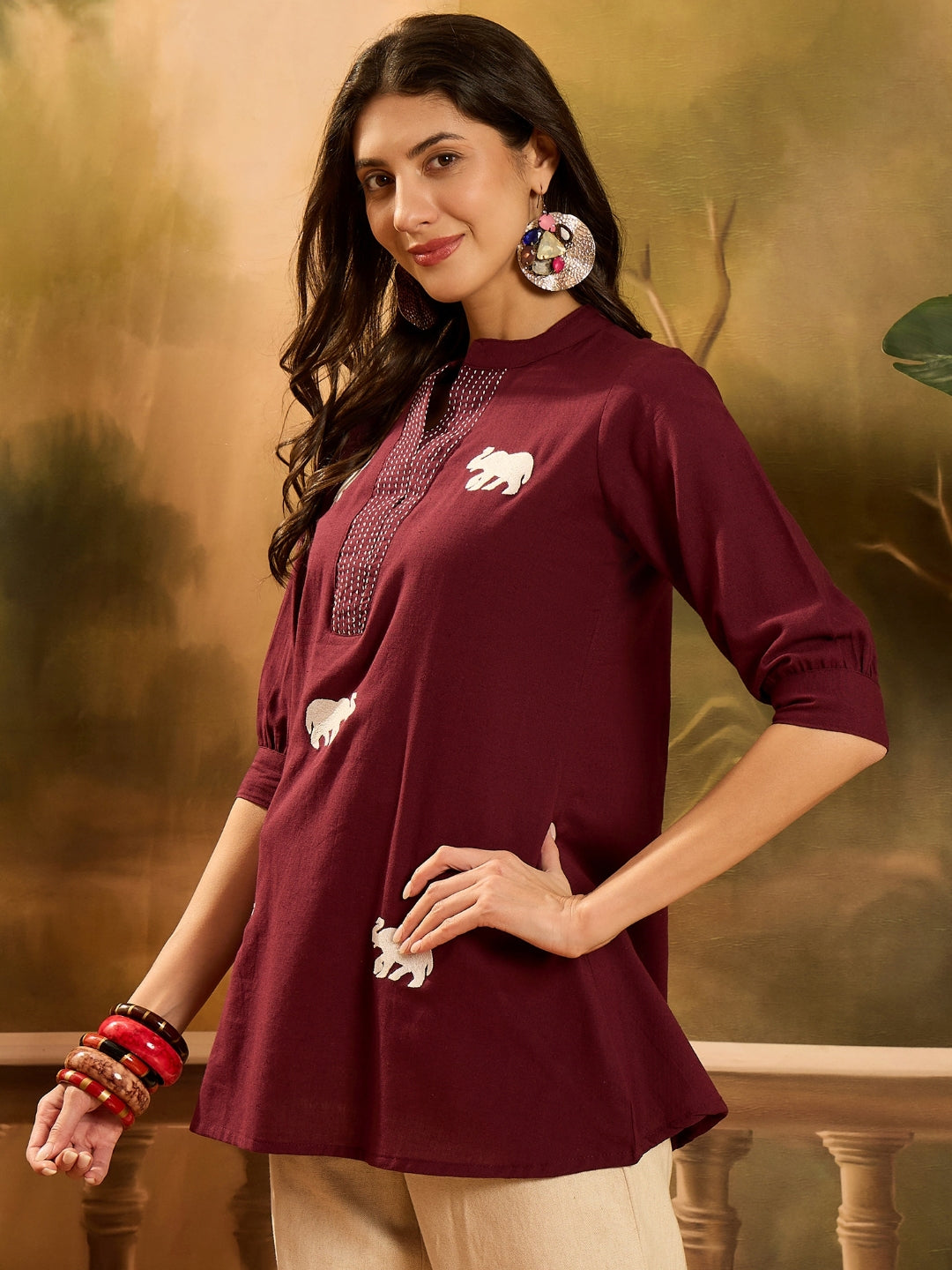 Women's Maroon Solid & Embellished Cotton Flex Top