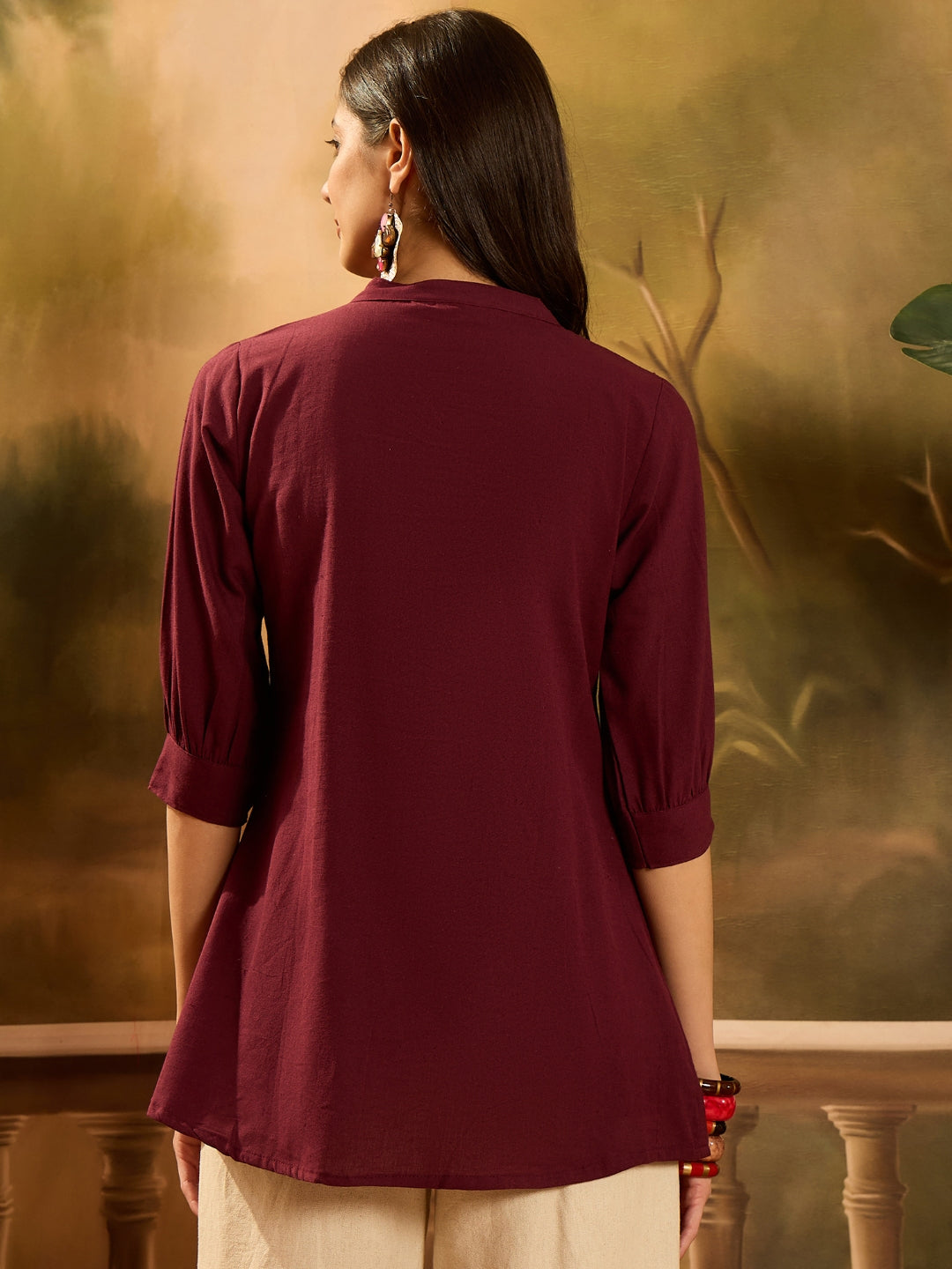 Women's Maroon Solid & Embellished Cotton Flex Top