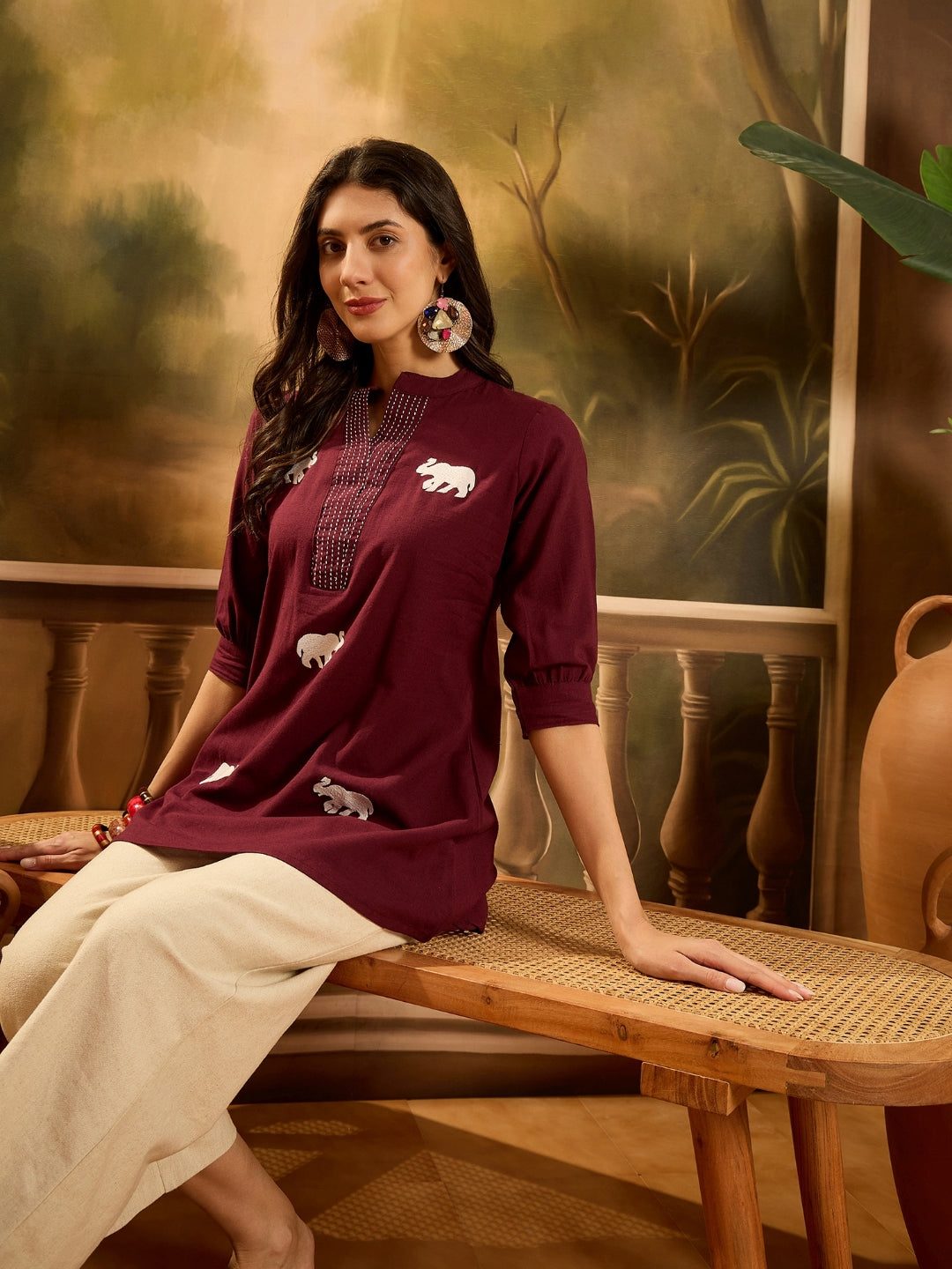 Women's Maroon Solid & Embellished Cotton Flex Top