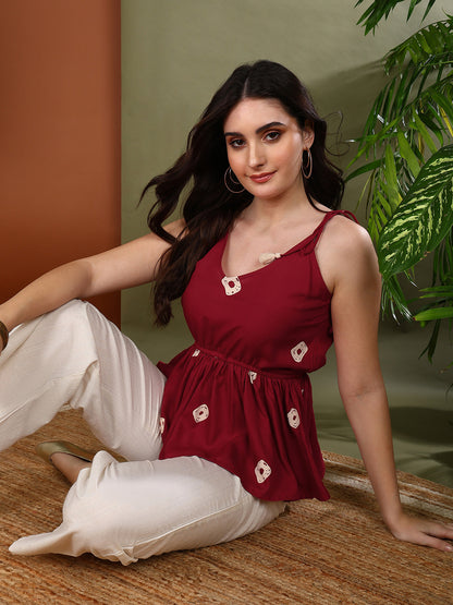 Maroon Bandhej Printed Rayon Short Peplum Top