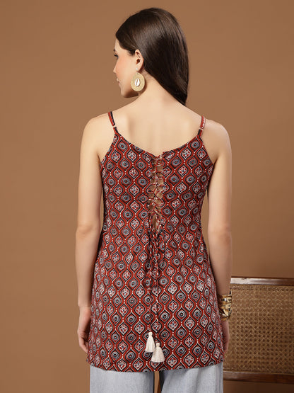 Women's Maroon Ethnic Motif Printed Cotton Straight Top