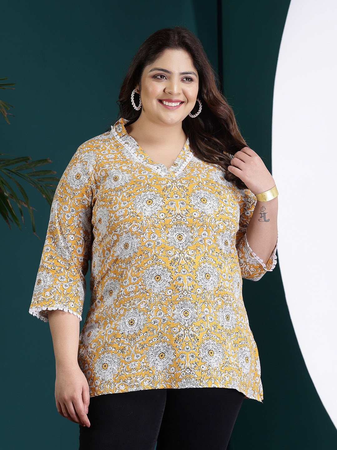 Plus Size Floral Printed Cotton Empire Top