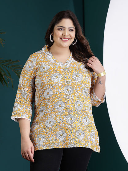 Plus Size Floral Printed Cotton Empire Top