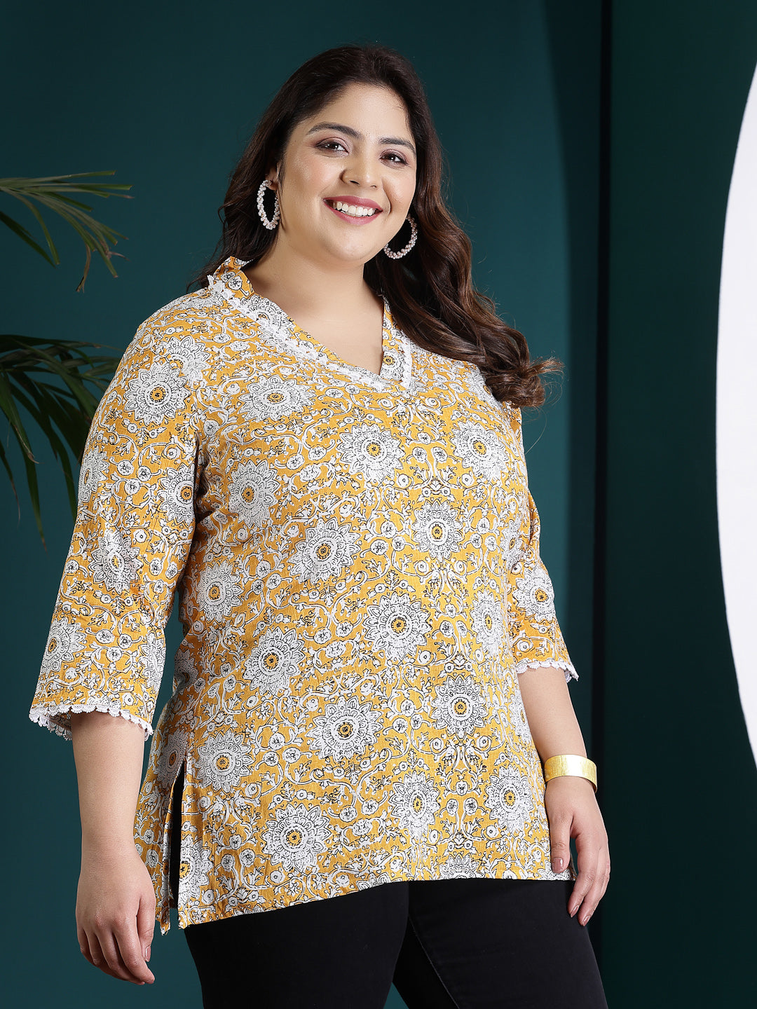 Plus Size Floral Printed Cotton Empire Top