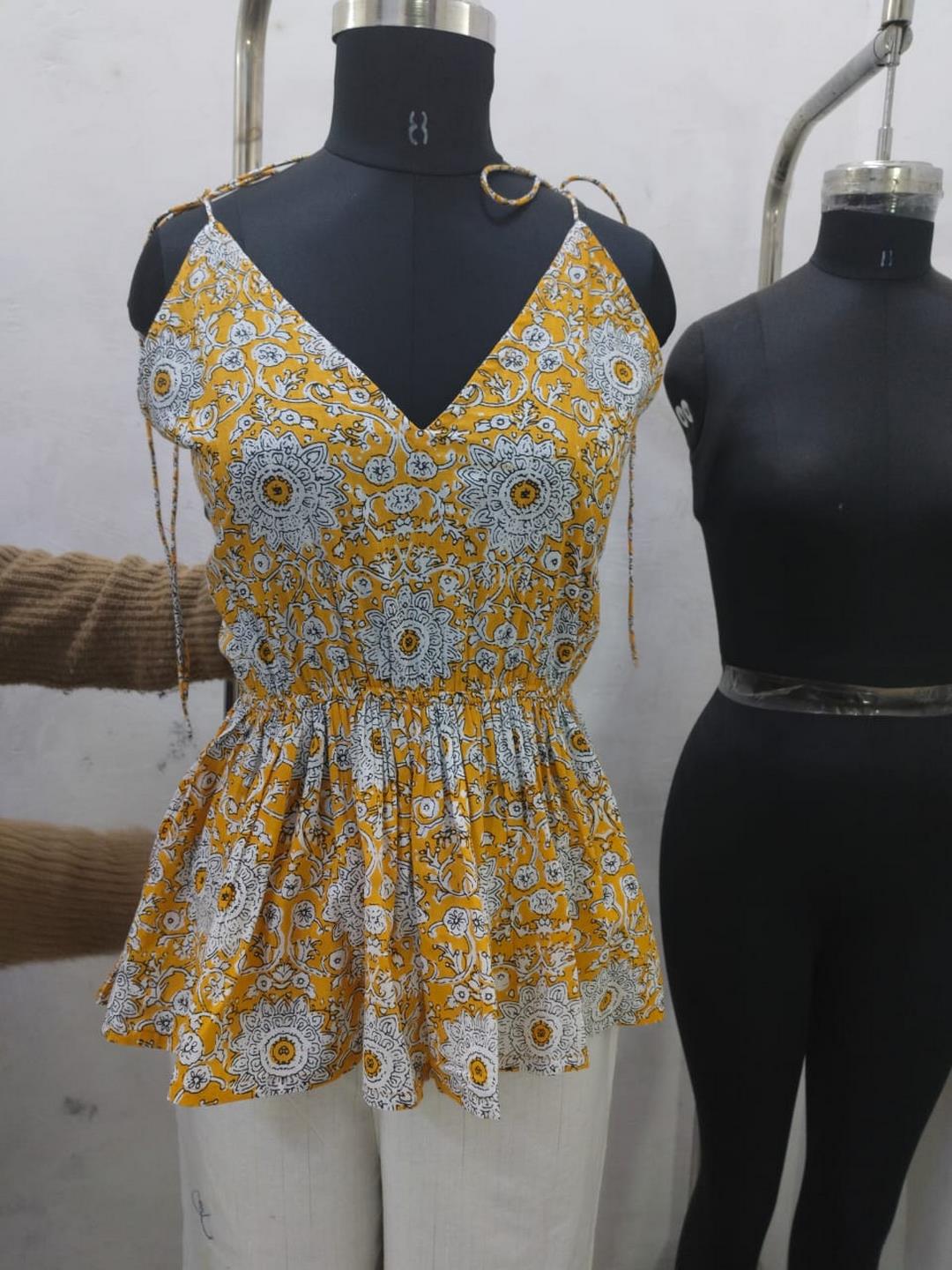 Yellow Floral Printed Cotton Short Peplum Top (Pre-Order)