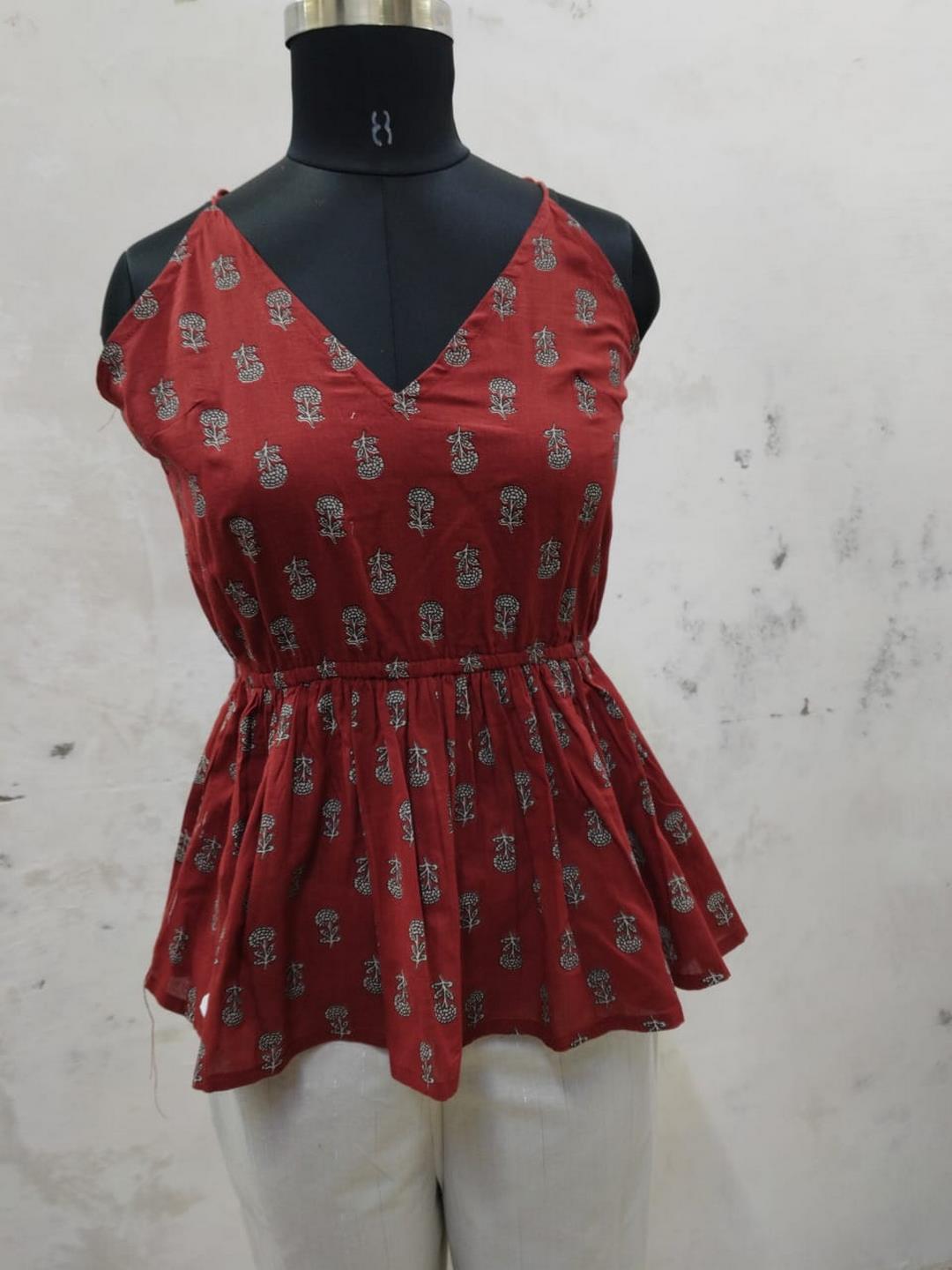 Rust Ethnic Motif Printed Cotton Short Peplum Top (Pre-Order)