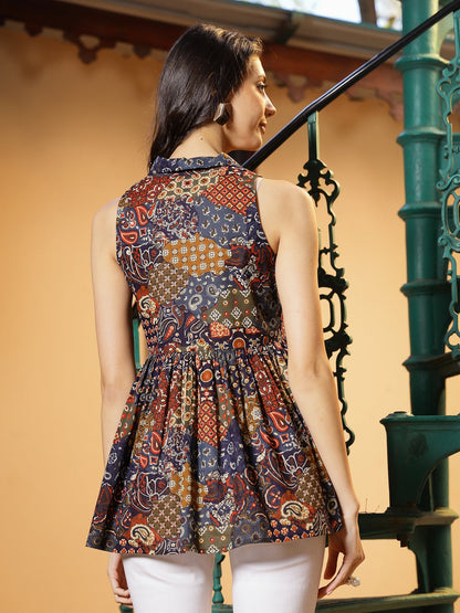 Multicolor Ethnic Printed Cotton Shirt Collar Top