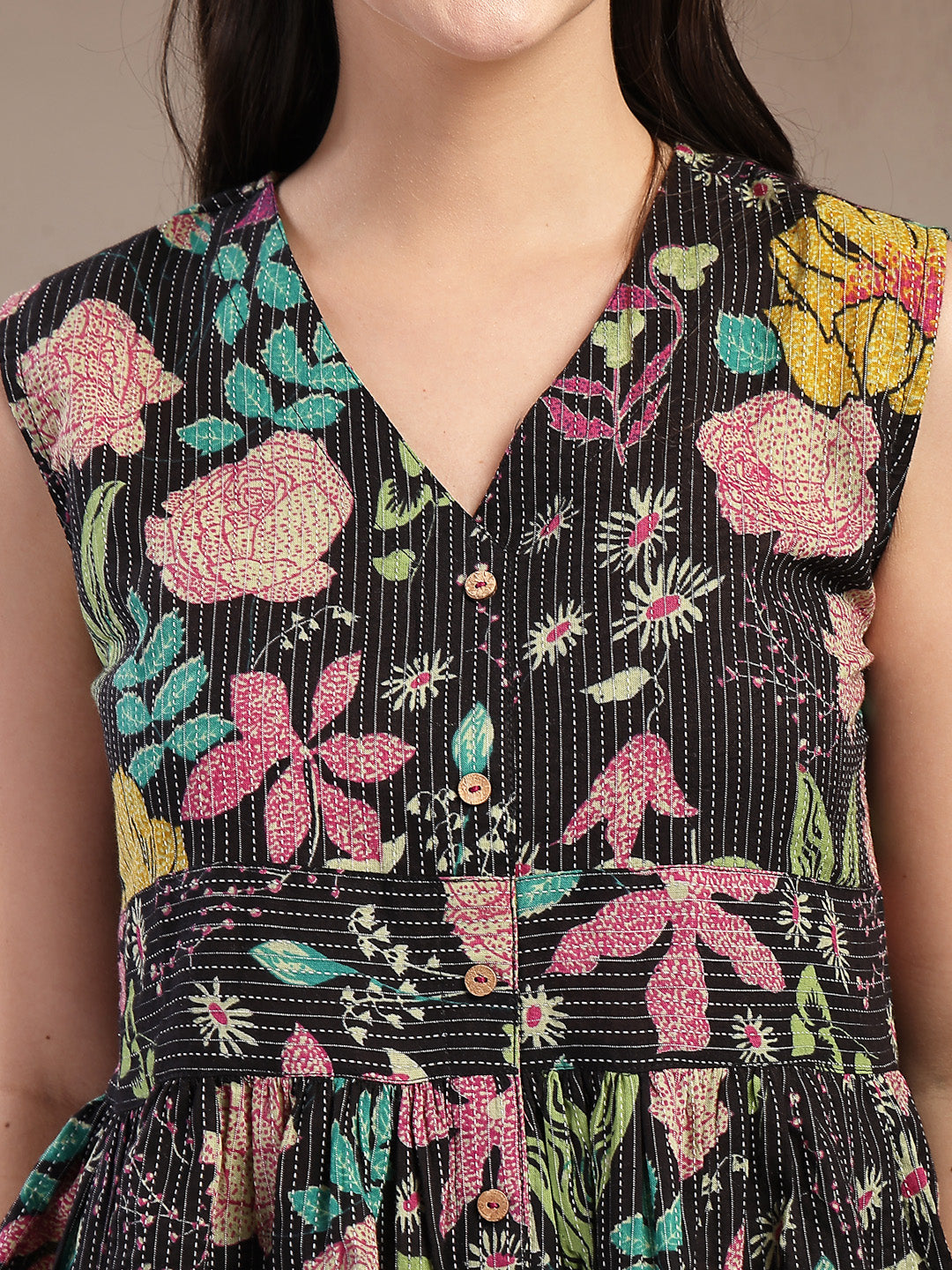 Women's Black Floral Printed Katha Cotton Peplum Tops