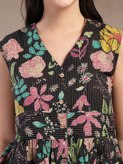Women's Black Floral Printed Katha Cotton Peplum Tops