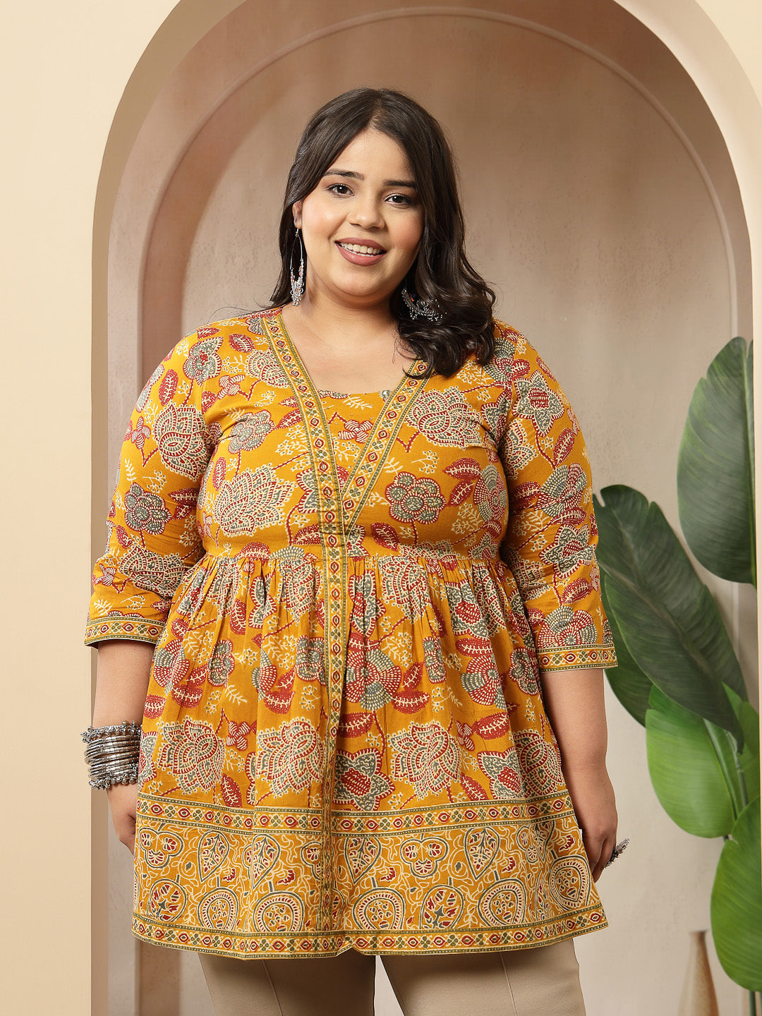 Plus Size Mustard Floral Printed Cotton Peplum Top