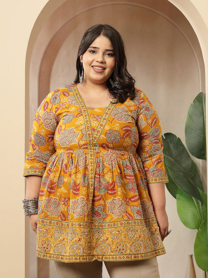 Plus Size Mustard Floral Printed Cotton Peplum Top