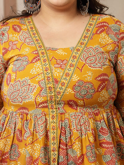 Plus Size Mustard Floral Printed Cotton Peplum Top