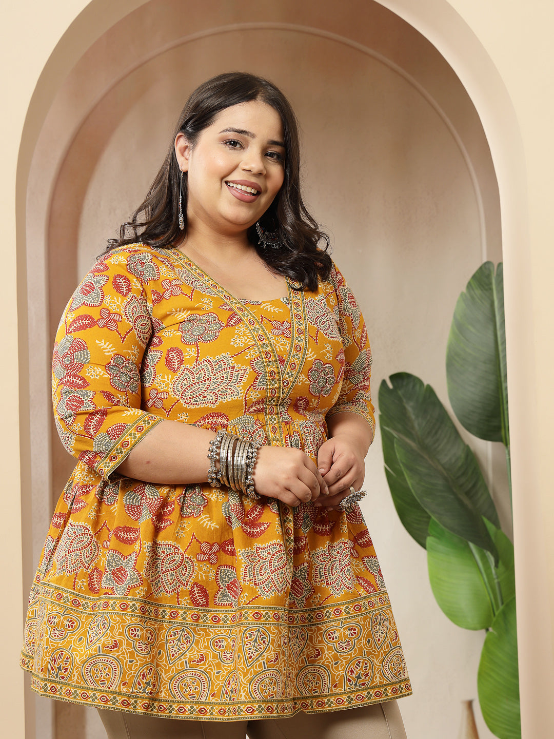 Plus Size Mustard Floral Printed Cotton Peplum Top