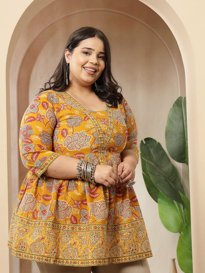 Plus Size Mustard Floral Printed Cotton Peplum Top