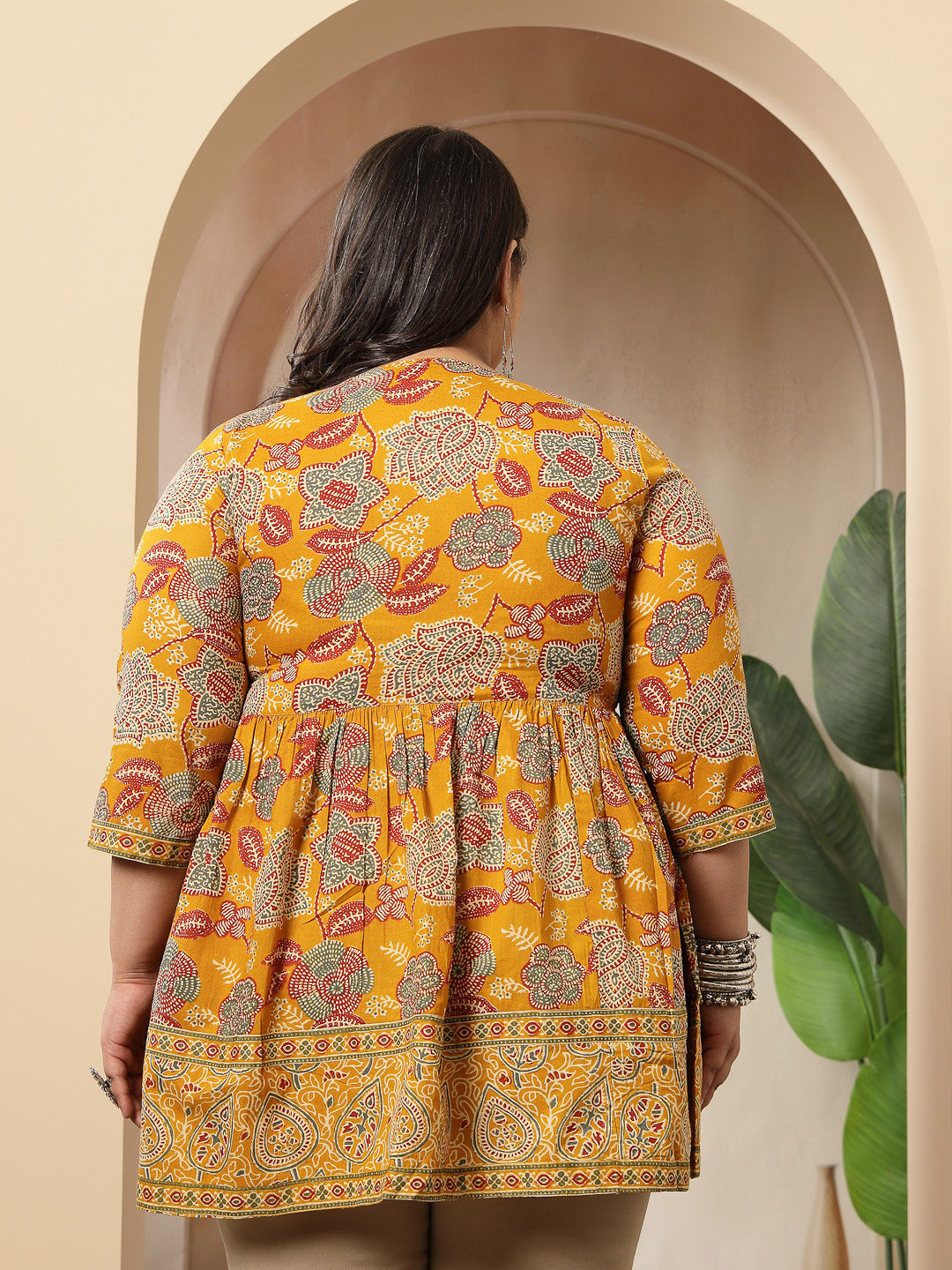 Plus Size Mustard Floral Printed Cotton Peplum Top