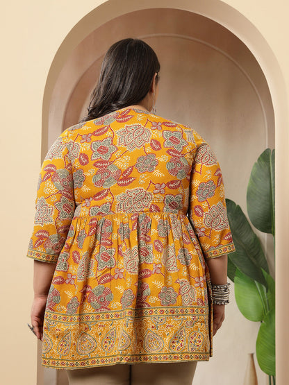 Plus Size Mustard Floral Printed Cotton Peplum Top