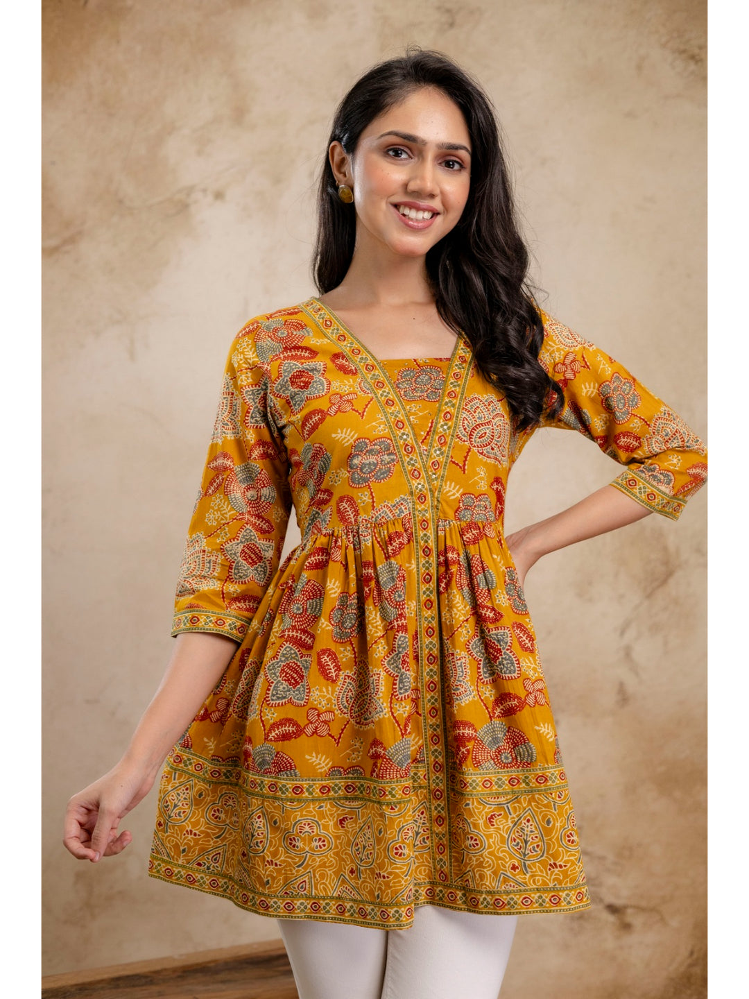 Mustard Floral Printed Cotton Peplum Top (Pre-Order)