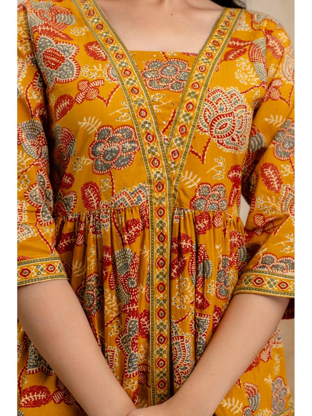 Mustard Floral Printed Cotton Peplum Top