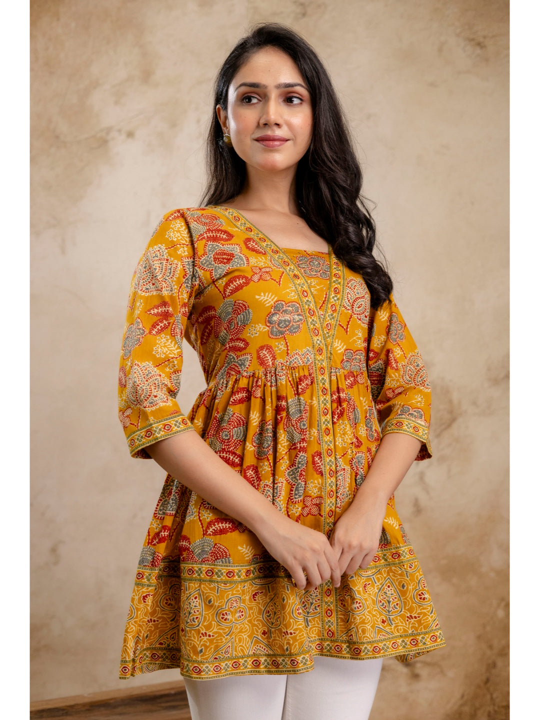 Mustard Floral Printed Cotton Peplum Top