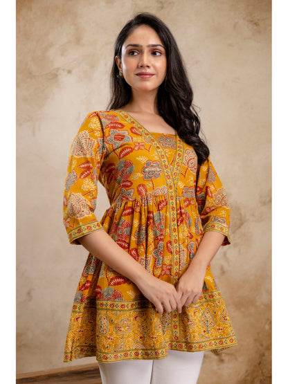 Mustard Floral Printed Cotton Peplum Top