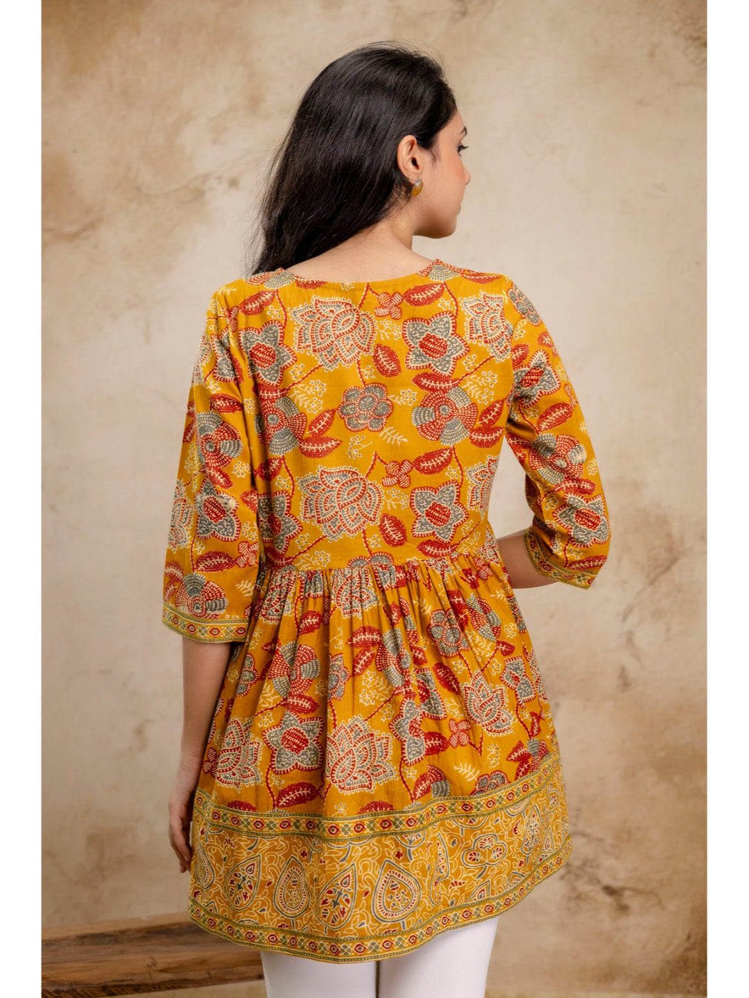 Mustard Floral Printed Cotton Peplum Top