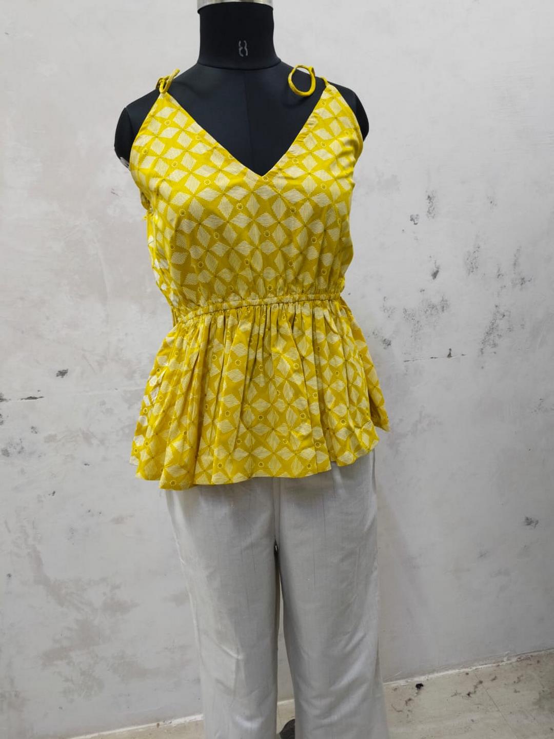 Yellow Geometric Printed Rayon Short Peplum Top