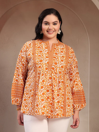 Plus Size Mustard Floral Printed Cotton Top