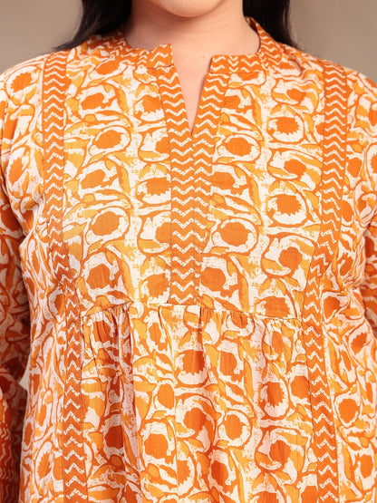 Plus Size Mustard Floral Printed Cotton Top