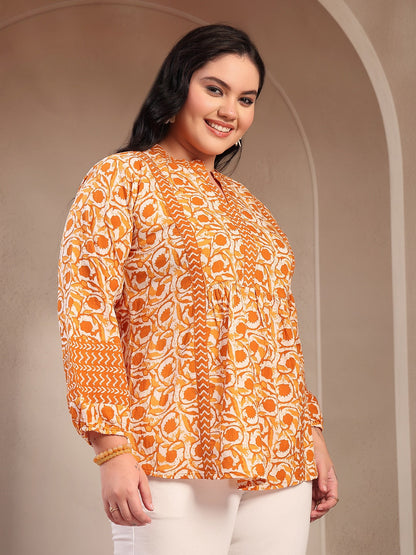 Plus Size Mustard Floral Printed Cotton Top