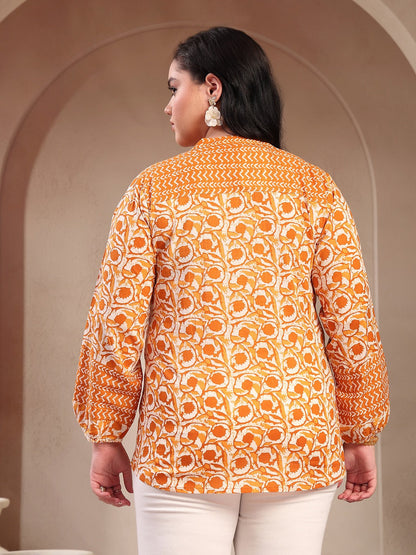 Plus Size Mustard Floral Printed Cotton Top