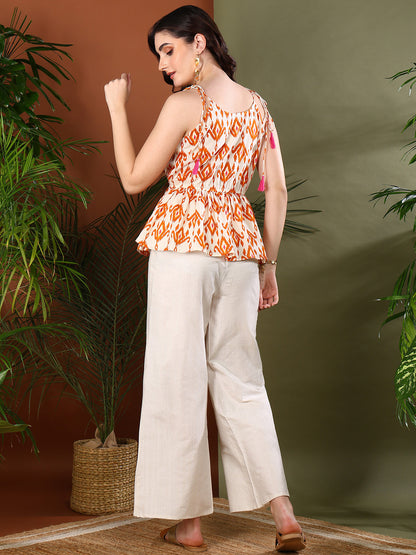 Orange Printed Cotton Short Peplum Top