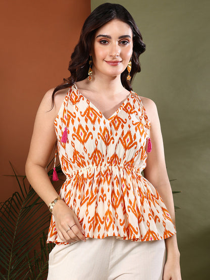 Orange Printed Cotton Short Peplum Top