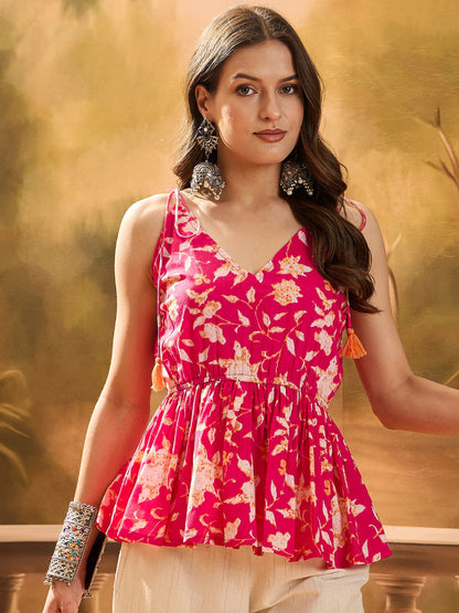 Floral Printed Cotton Short Peplum Top