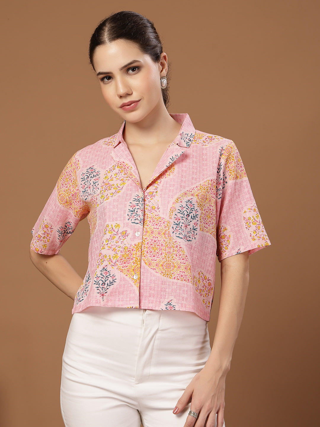 Women's Pink Buti Printed Cotton Crop Top