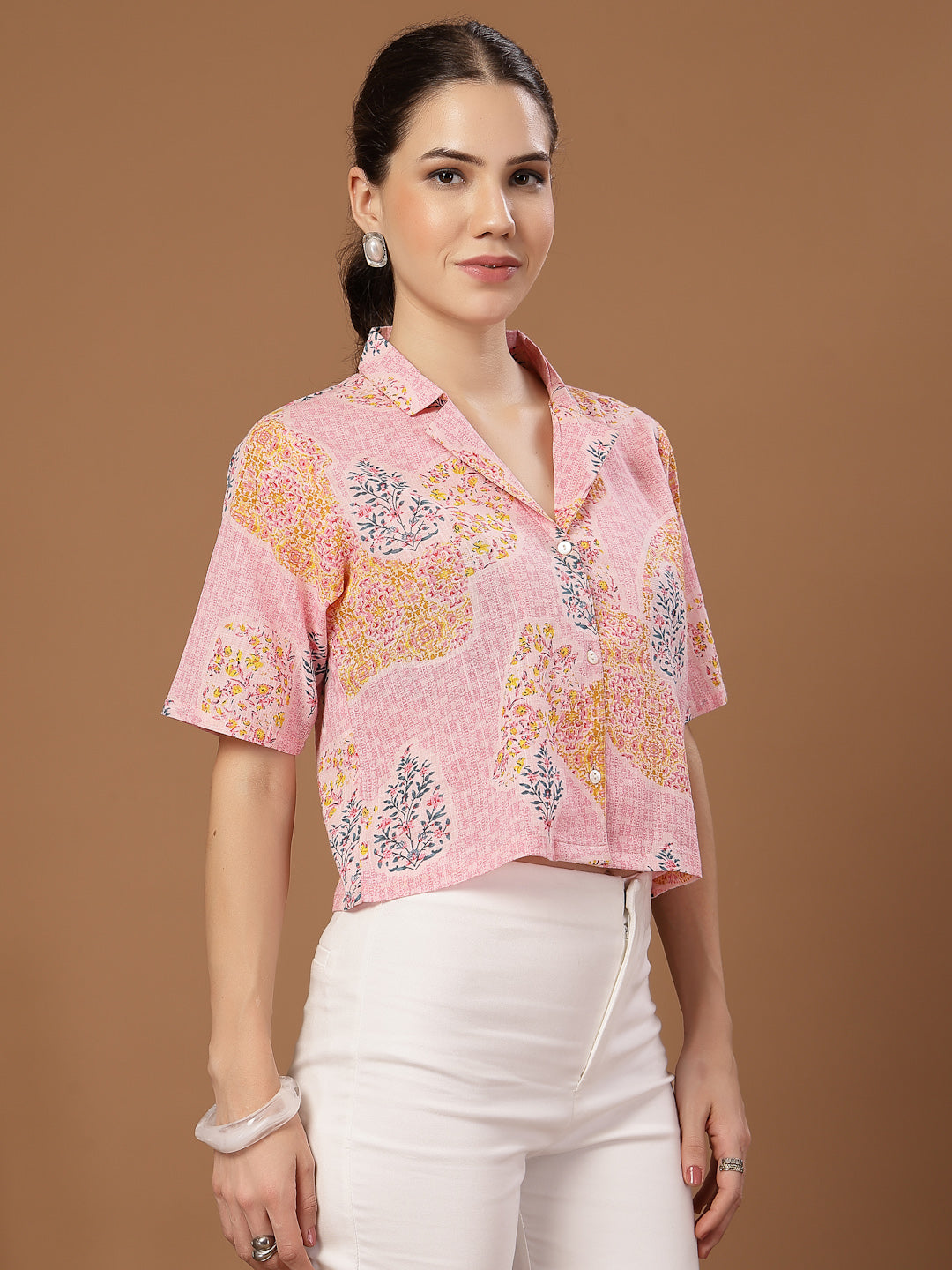 Women's Pink Buti Printed Cotton Crop Top