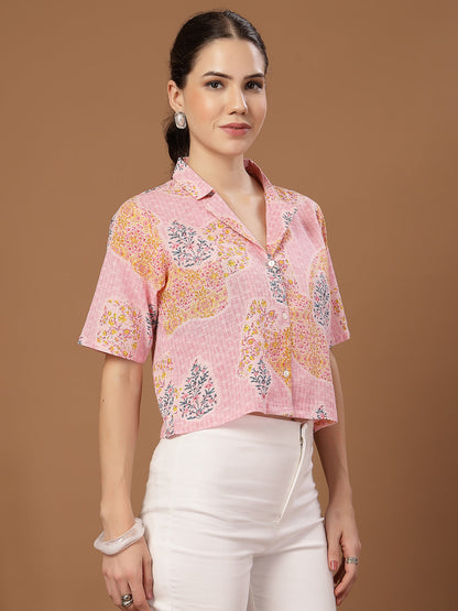 Women's Pink Buti Printed Cotton Crop Top