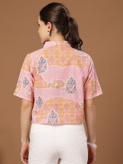 Women's Pink Buti Printed Cotton Crop Top