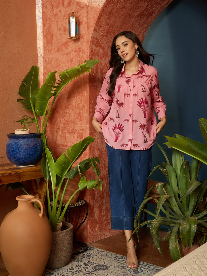 Palm Tree Printed Cotton Shirt