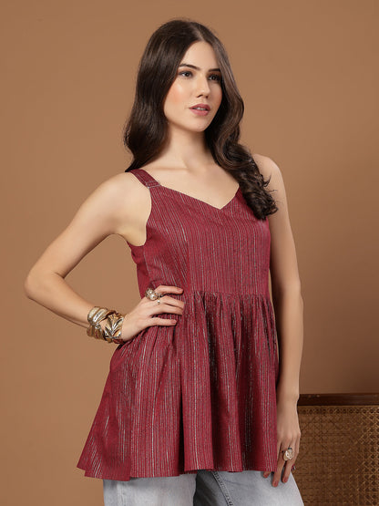 Women's Pink Woven Design Shimmer Lurex Cotton Empire Top