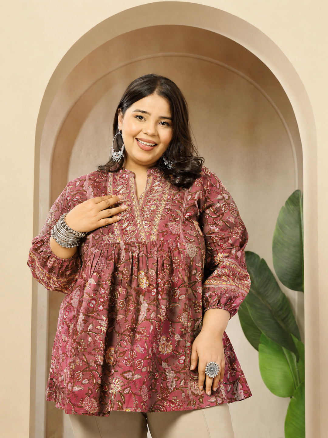 Size Pink Floral Printed Cotton Empire Top