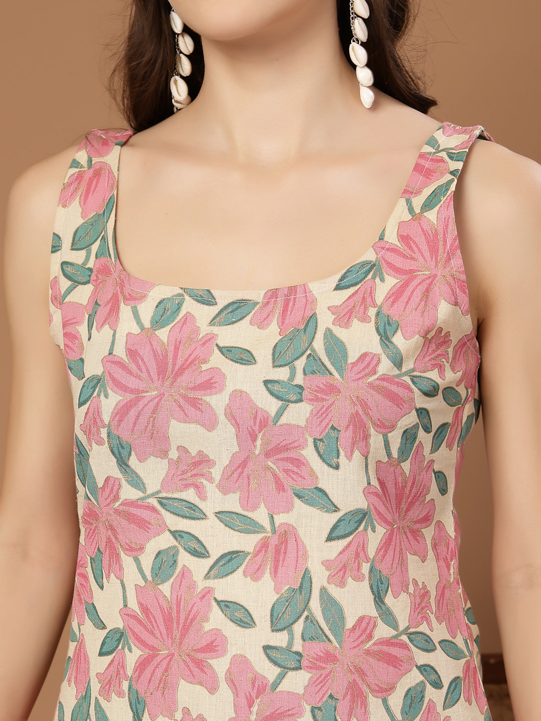 Women's Pink Floral Printed Cotton Straight Top