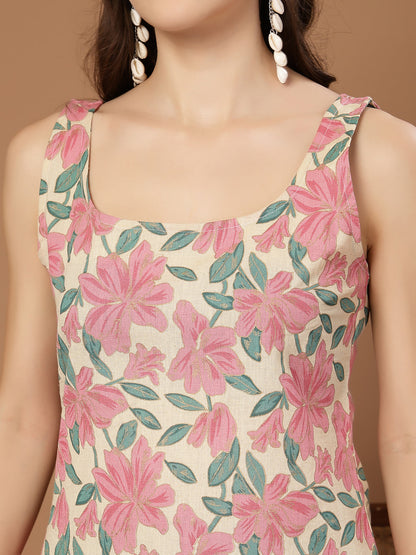 Women's Pink Floral Printed Cotton Straight Top