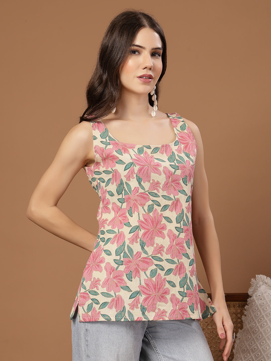 Women's Pink Floral Printed Cotton Straight Top