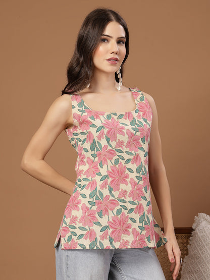 Women's Pink Floral Printed Cotton Straight Top