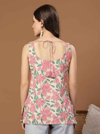 Women's Pink Floral Printed Cotton Straight Top