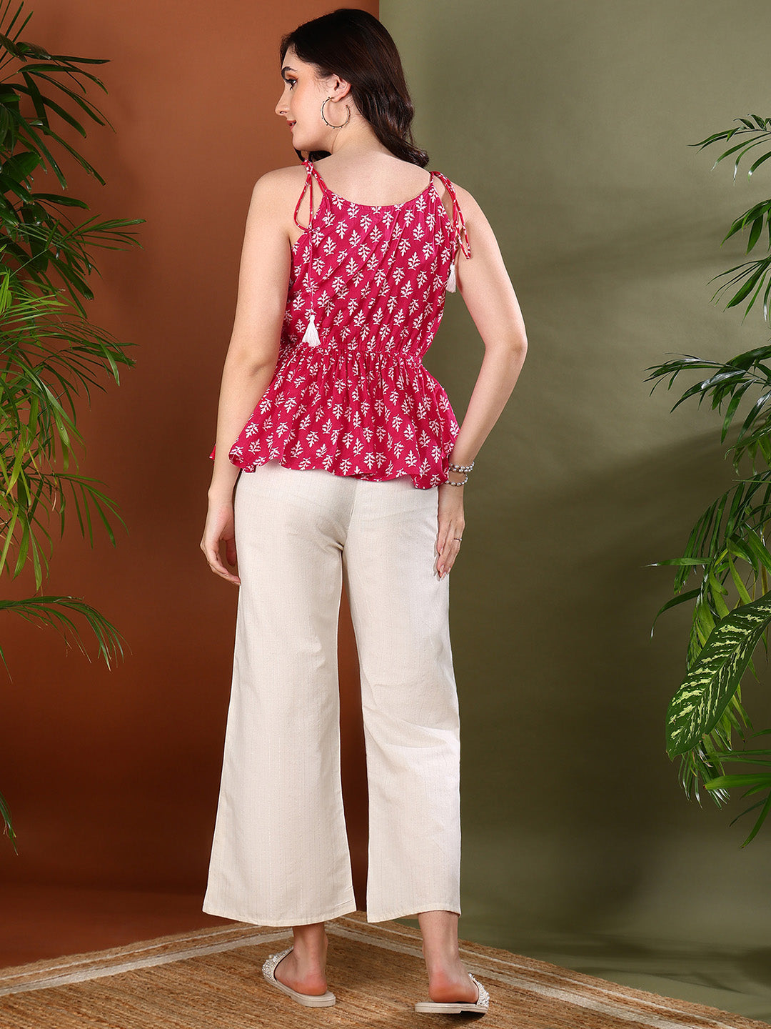 Pink Floral Printed Cotton Short Peplum Top (Pre-Order)