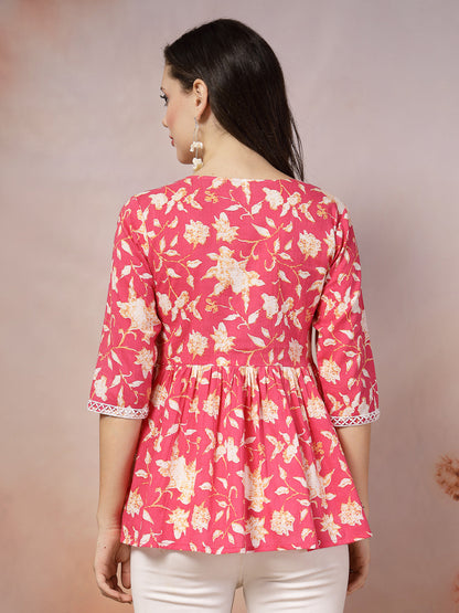 Floral Printed Cotton Peplum Top (Pre-Order)