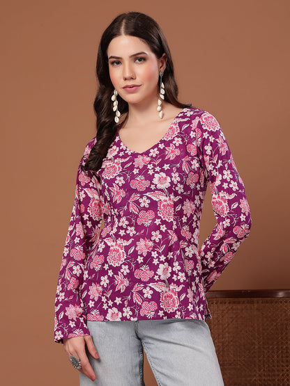 Women's Purple Floral Printed Cotton Straight Top
